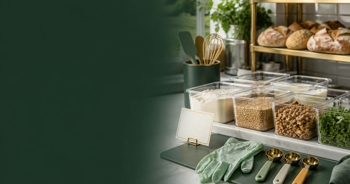 Clearly separated ingredients and measuring tools in a bakery preparation space