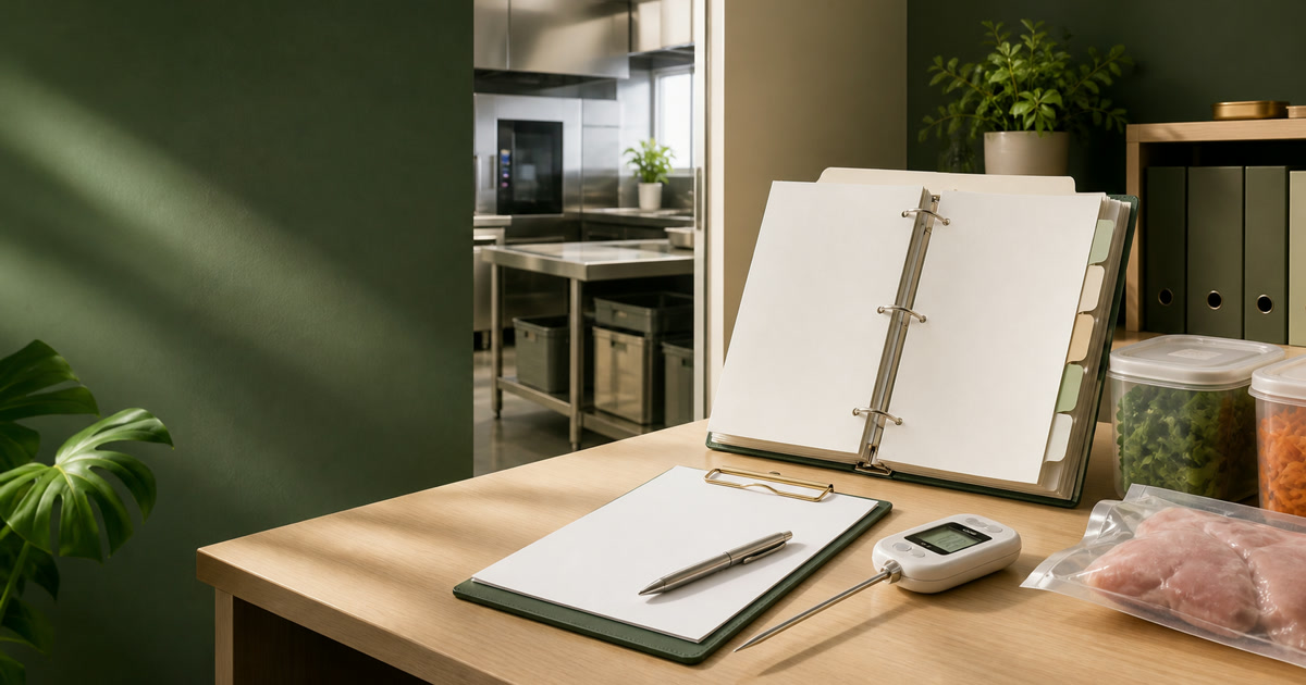 A food-safety binder, clipboard and thermometer on a bench beside a commercial kitchen