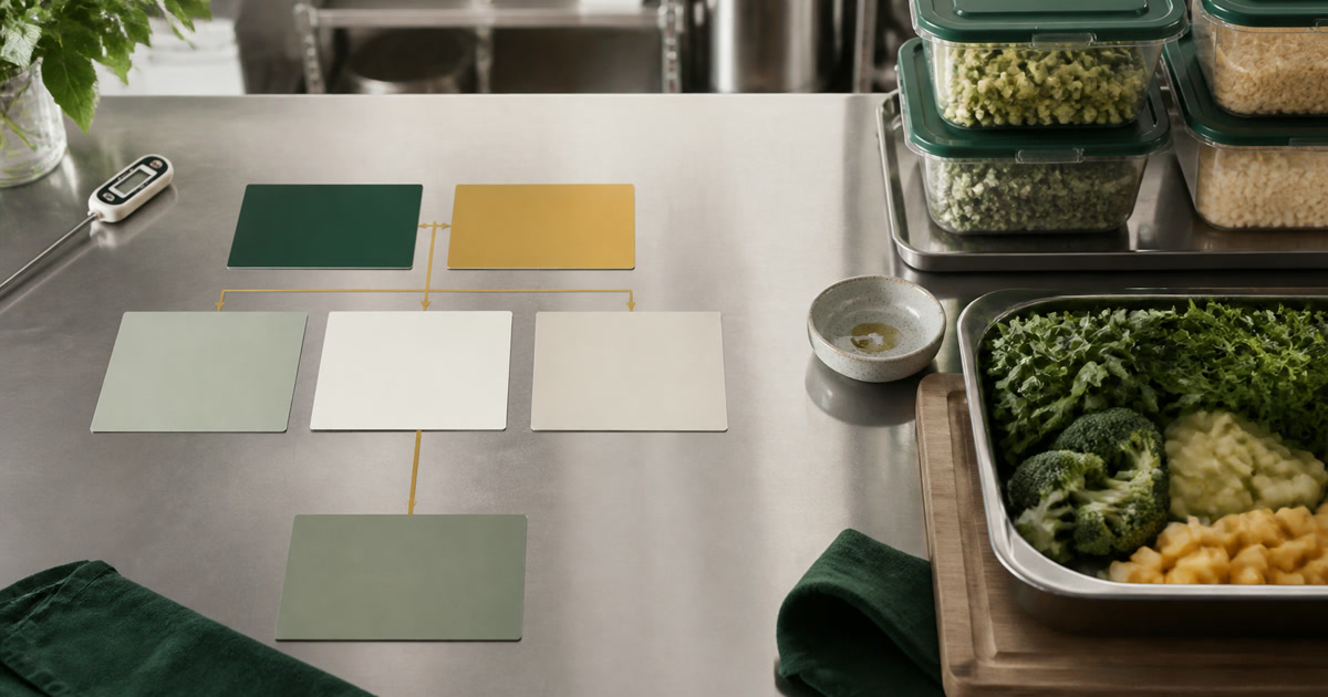 A food-preparation bench with a simple process map, temperature probe and prepared ingredients
