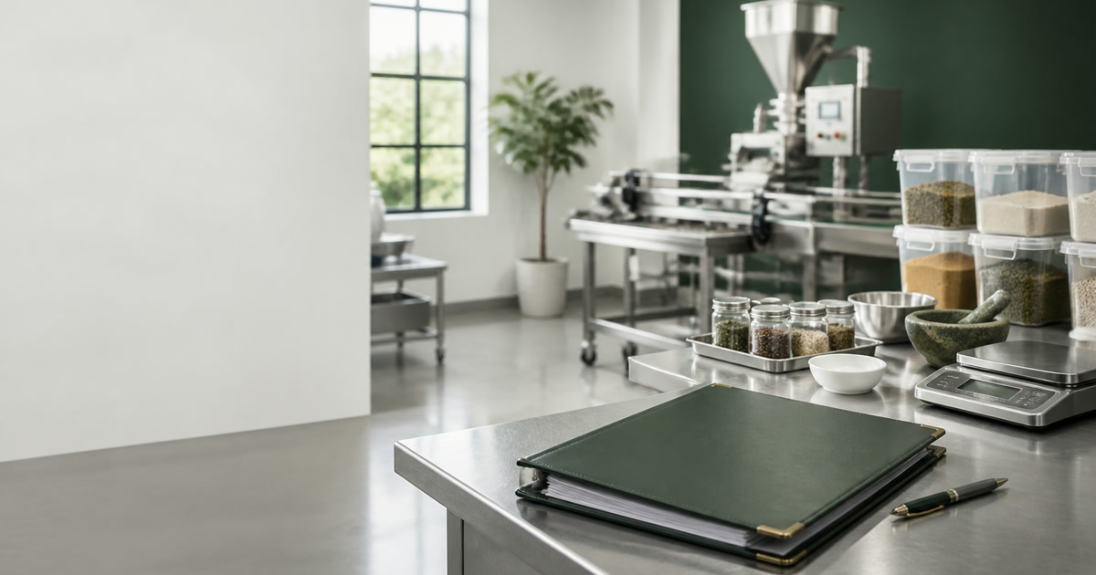 A food-manufacturing workspace with a quality-system folder on a stainless-steel bench