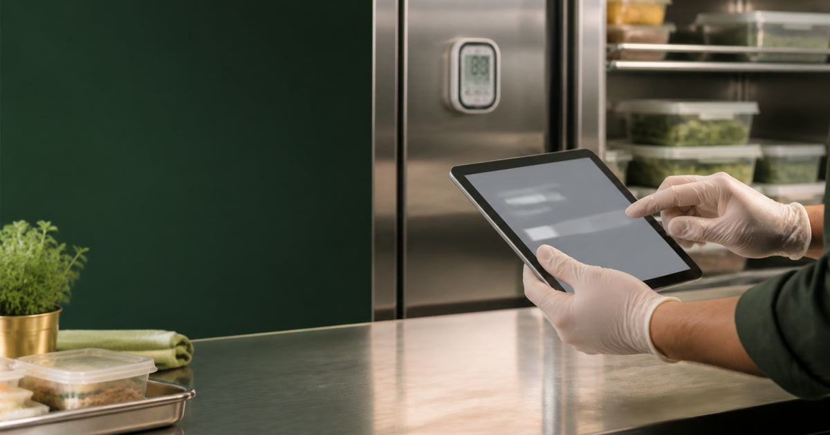 A gloved food worker using a tablet beside a temperature-controlled refrigerator