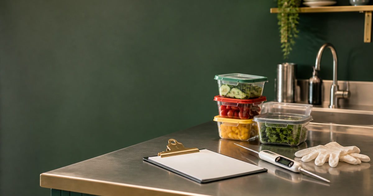 A food-preparation bench with covered ingredients, a temperature probe and a completed checklist